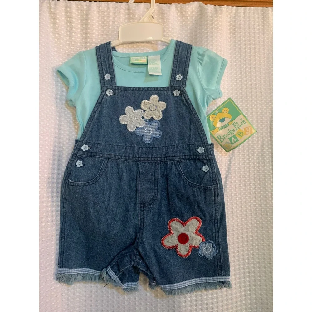 Brooks Fitch Baby Girls 12M Denim Floral Overalls &‎ Mint T-Shirt 2pc Set NWT